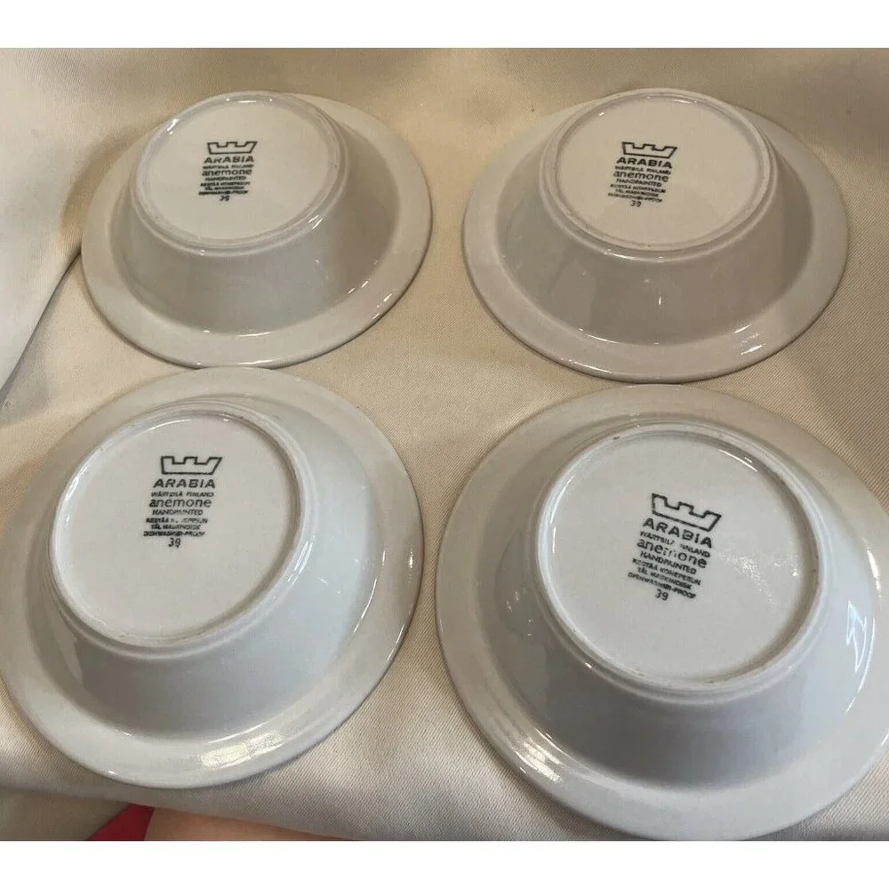 Arabia Finland Anemone Cobalt Blue Soup Cereal Bowls Set Of 4 Handpainted 6.5” - Picture 4 of 5